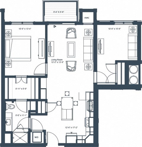 Floor plan for 1 bed, 1 bath, 962 sqft
